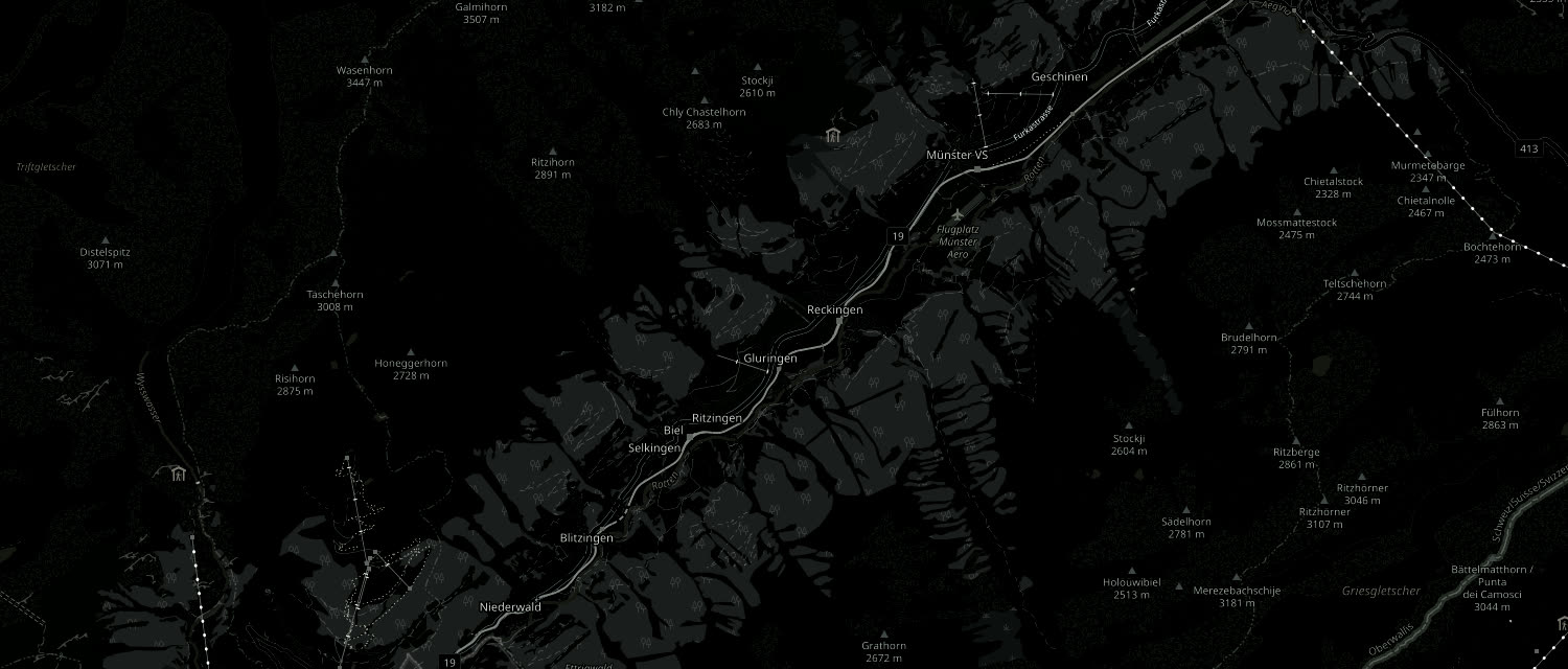 Karte des Goms: die Talachse von Fiesch über Niederwald und Blitzingen nach Gluringen und weiter Richtung Furka-, Grimsel- und Nufenenpass